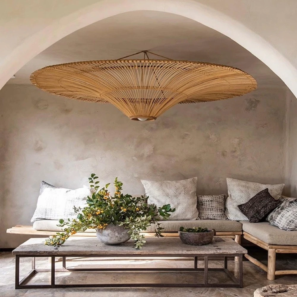 Creative Rattan Weaven Straw Hat Cord Pendant Light Vintage for Living Room Bedroom Hotel Guesthouse Southeast Asian Lamps Decor
