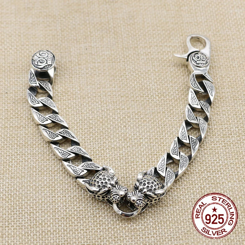 S925 sterling silver bracelet with personality  Motorcycle Clan Rock Punk Style Mighty Double Panther Head  Creative Jewelry