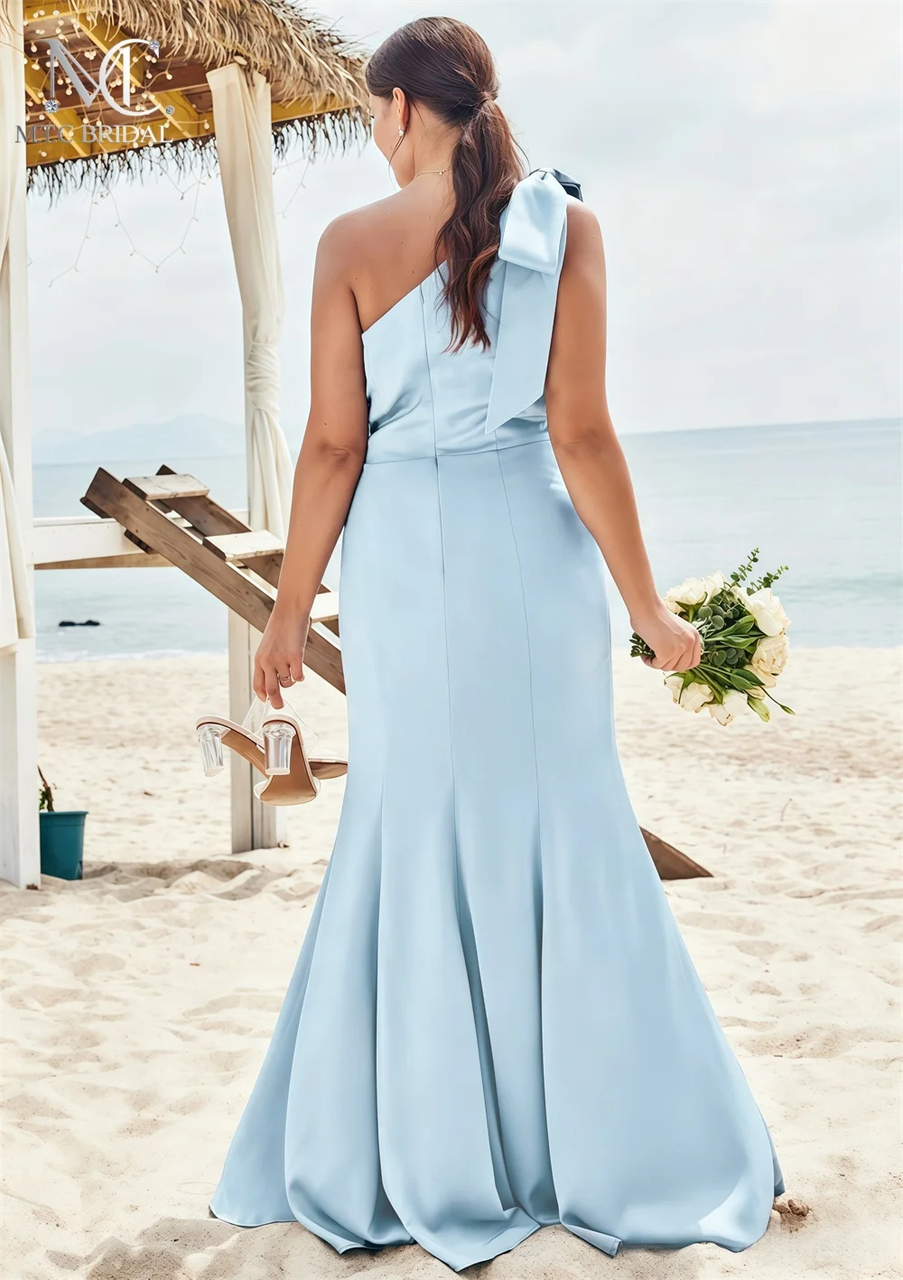 Wholesale Baby Blue Mermaid Bridesmaid Dresses For Beach Wedding 2026 One Shoulder Side Split Long Satin Wedding Party Attire