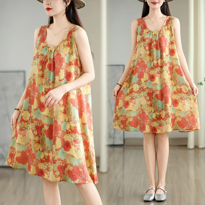 

Женская летняя свободная хлопково-льняная юбка больших размеров с круглым вырезом и принтом Ne Dr Commute Sle средней длины Faion