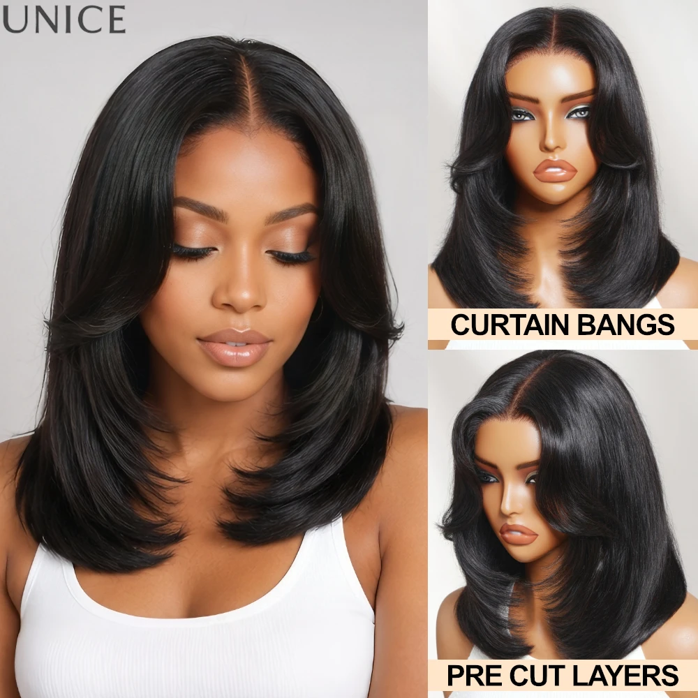 UNICE Bye Bye Slip™ 7x5 Lace Straight Bob Wig Human Hair With Pre Cut Layers & Curtain Bangs 150% Density | Express Shipping
