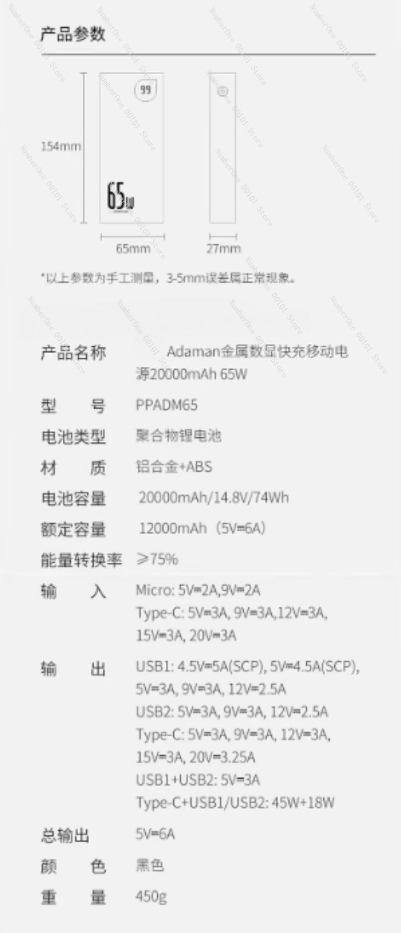 20000mAh 65W metal digital display portable power supply