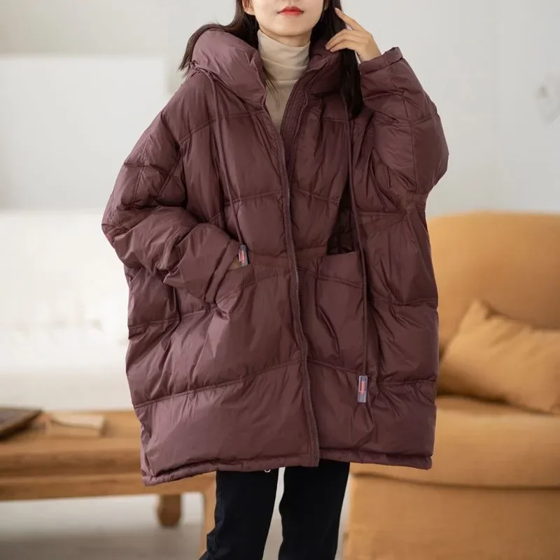 Down Jacket Women\'s New  White Duck Down Hooded Medium and Long High-quality Korean Version Loose Thickening Fattening Versatile