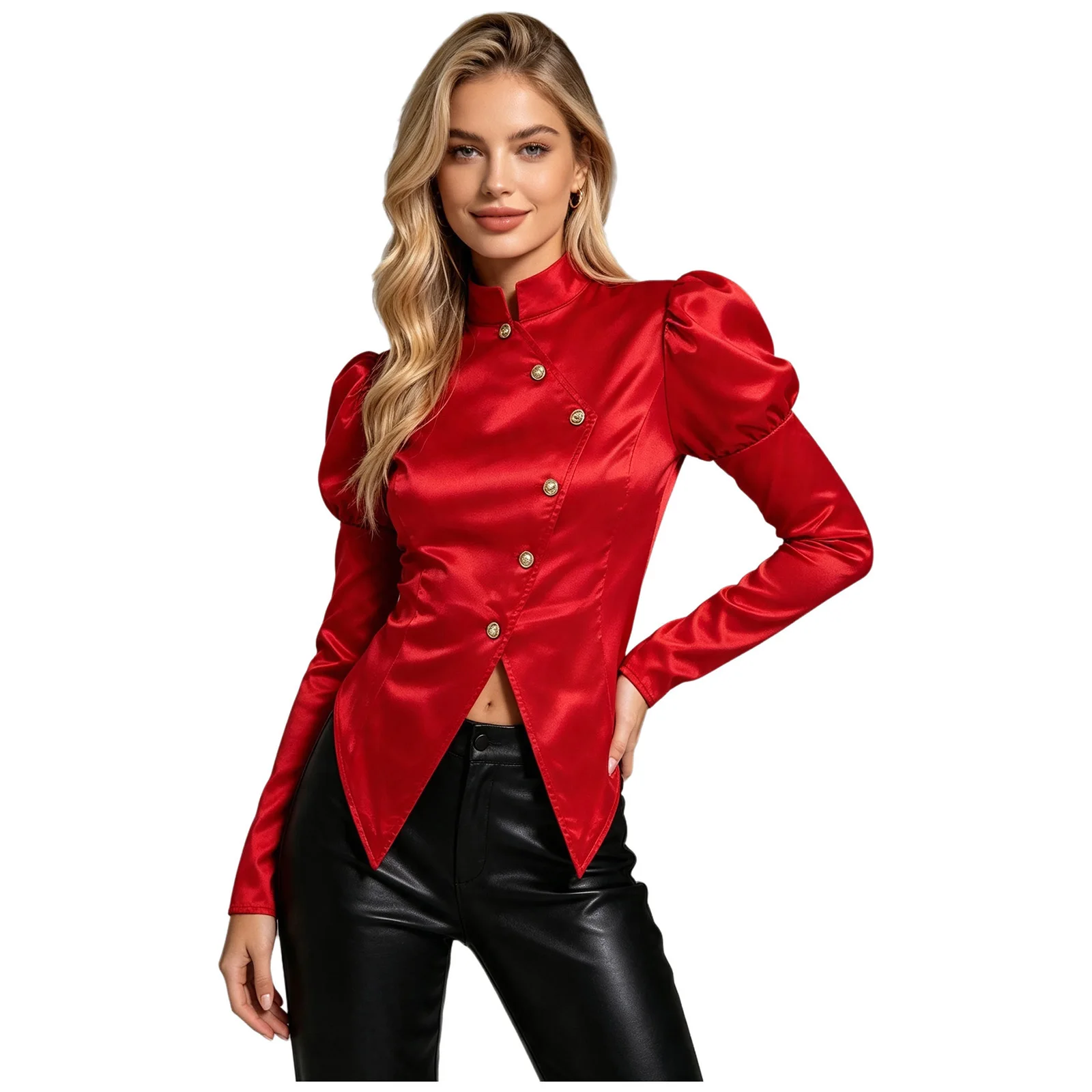 Womens Circus Show Satin Blazer Victorian Tops Satin Puff Sleeve Stand Collar Blouse Xmas Party Circus Ringmaste Costume