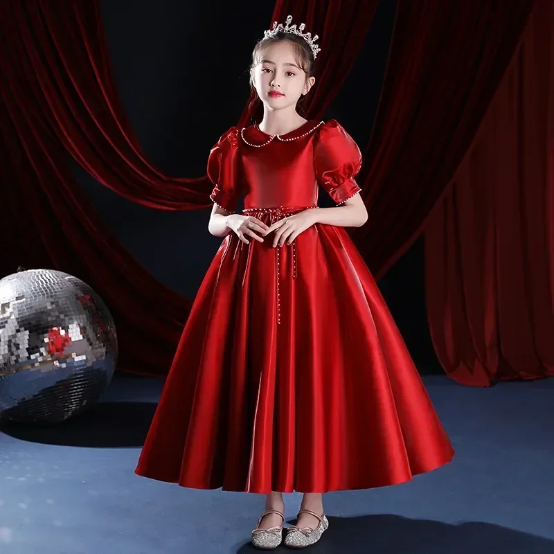 Robe de princesse d'anniversaire pour fille, robe d'hôte pour enfants, robe de spectacle de piano en satin pour fille, fleur, rouge, nouveau