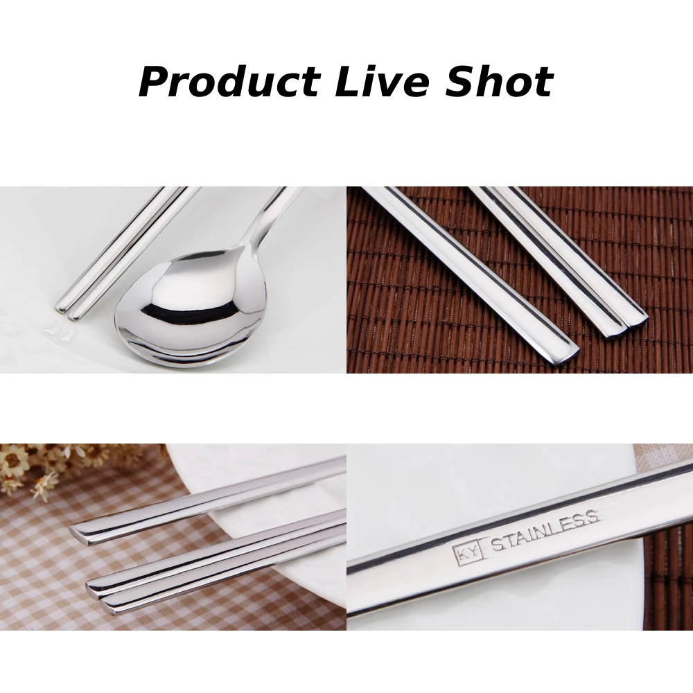 2 sets Korean Stainless Steel Chopsticks & Spoons Tableware Dinnerware Durable Light Luxury Stainless Steel Tableware