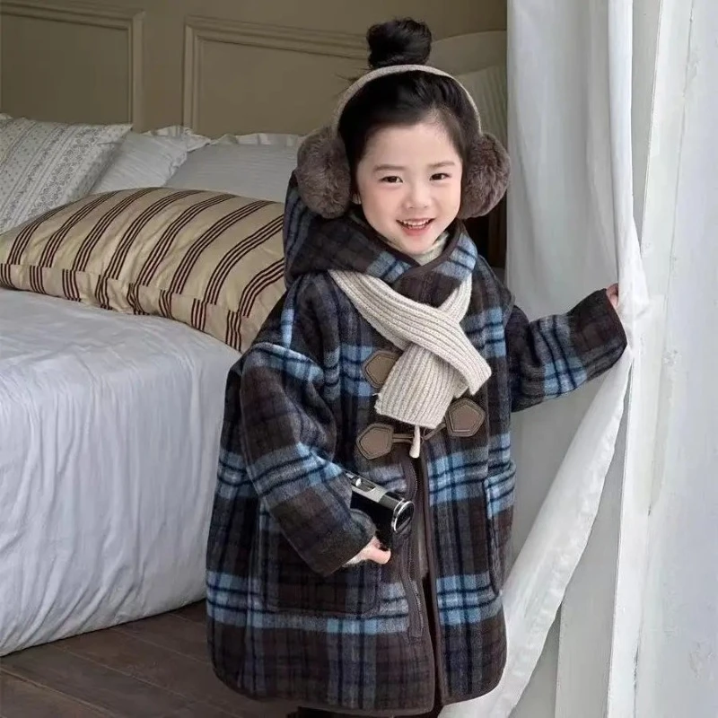 

Зимнее пальто для девочек, корейский стиль, клетчатая стеганая парка с капюшоном, толстая теплая куртка для девочек и мальчиков, детская верхняя одежда