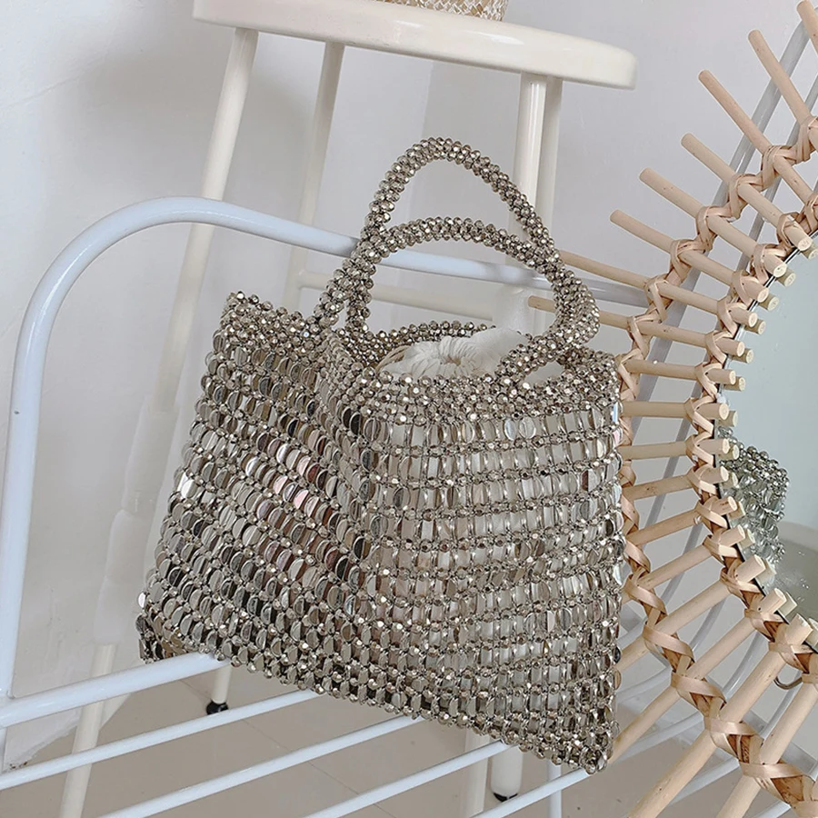 Women Silver Metal Evening Bags Sequins Chains Woven Totes Bag Hollow Out Clutch Purse Female Travel Hobos Shoulder Bag Handbags