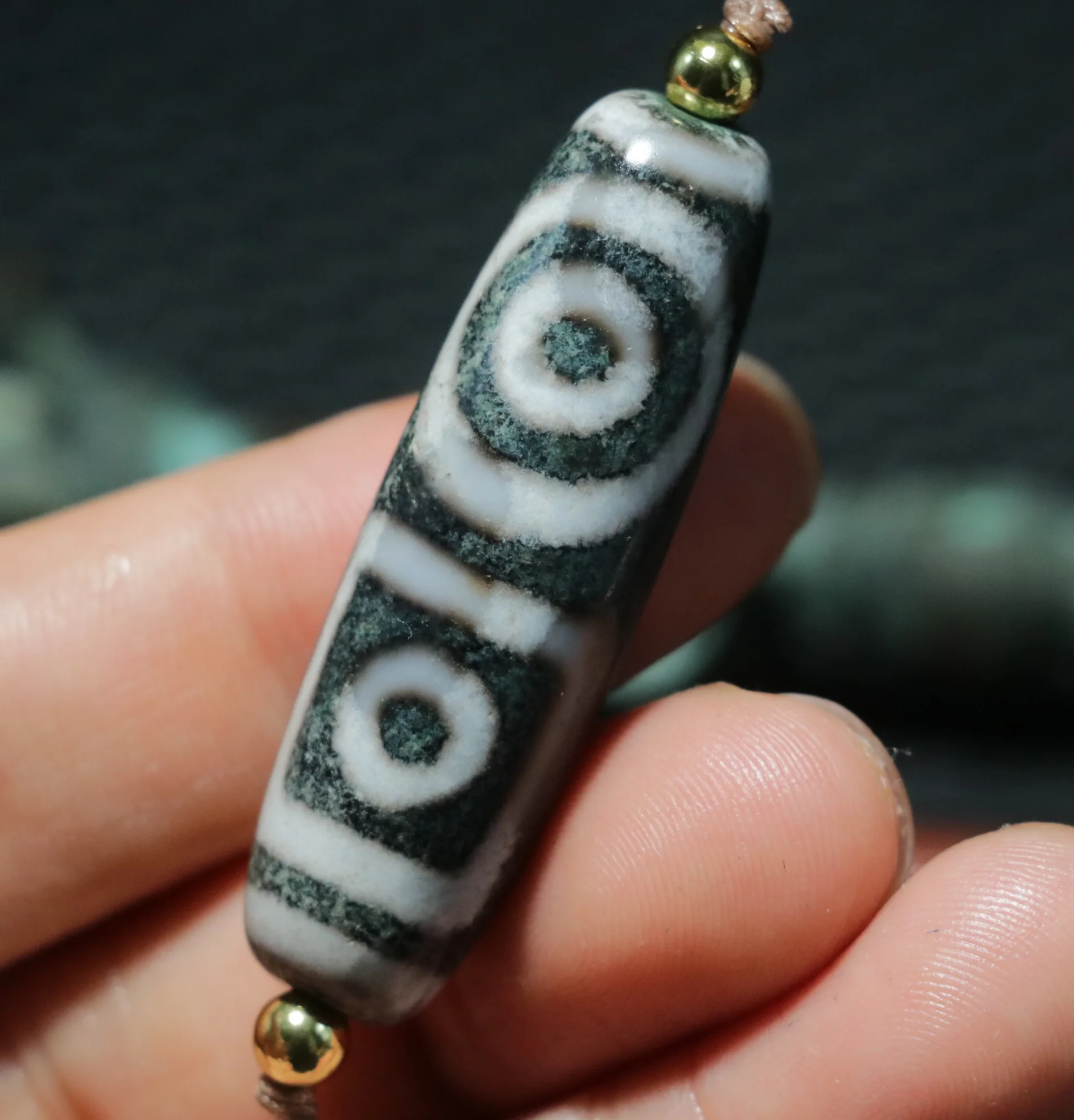 Unique PatternEnergy Tibetan Old Agate Blue Color 4 Eyed Heaven&Earth dZi Bead Pendant Amulet FFAA