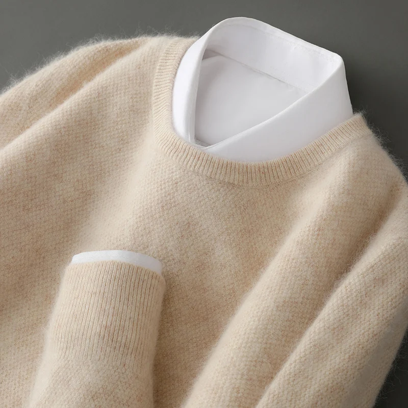 Men's Round Neck Cashmere Sweater, 100% Pure Cashmere, Double Stranded, Thick Base, Autumn and Winter