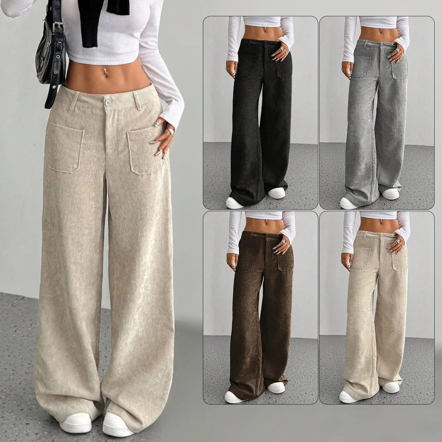 

Casual Women's Loose Solid Solid Color Pocket Floor-length Work Pants Y2K Retro Wide-leg Trousers Women's Commuting Clothing
