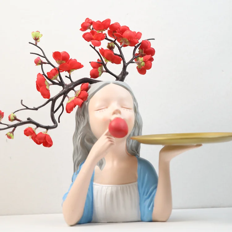 Nordic Girl Statue Resin Figurines Vase With Plate Tray Storage Bubblegum Sculpture Luxury Living Room Home Decor