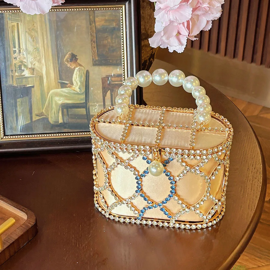 French Pearl Diamond Hand-held Vegetable Basket Bag Metal Mesh Delicate Shine Gentle Noble Banquet Bag