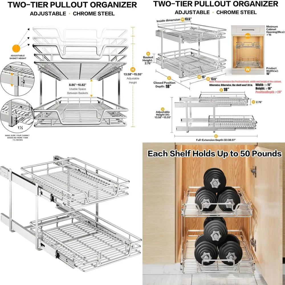 

15 Wide x 18 Deep Pull-Out Kitchen Cabinet Organizer with Adjustable Shelves and Pantry Storage Baskets