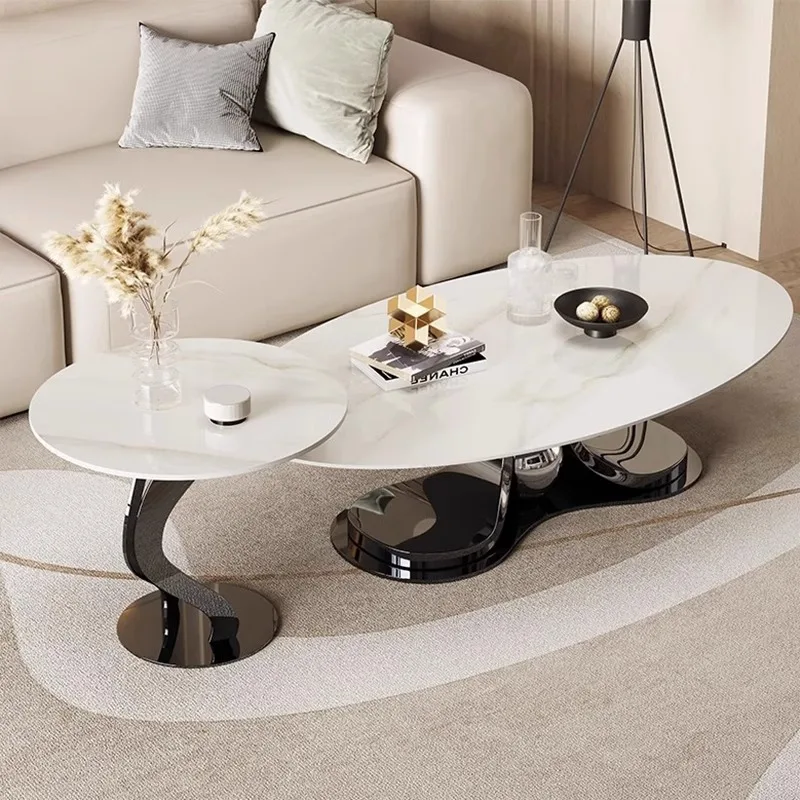 Rock slab coffee table mother and child combination living room household round small apartment Internet celebrity stainless