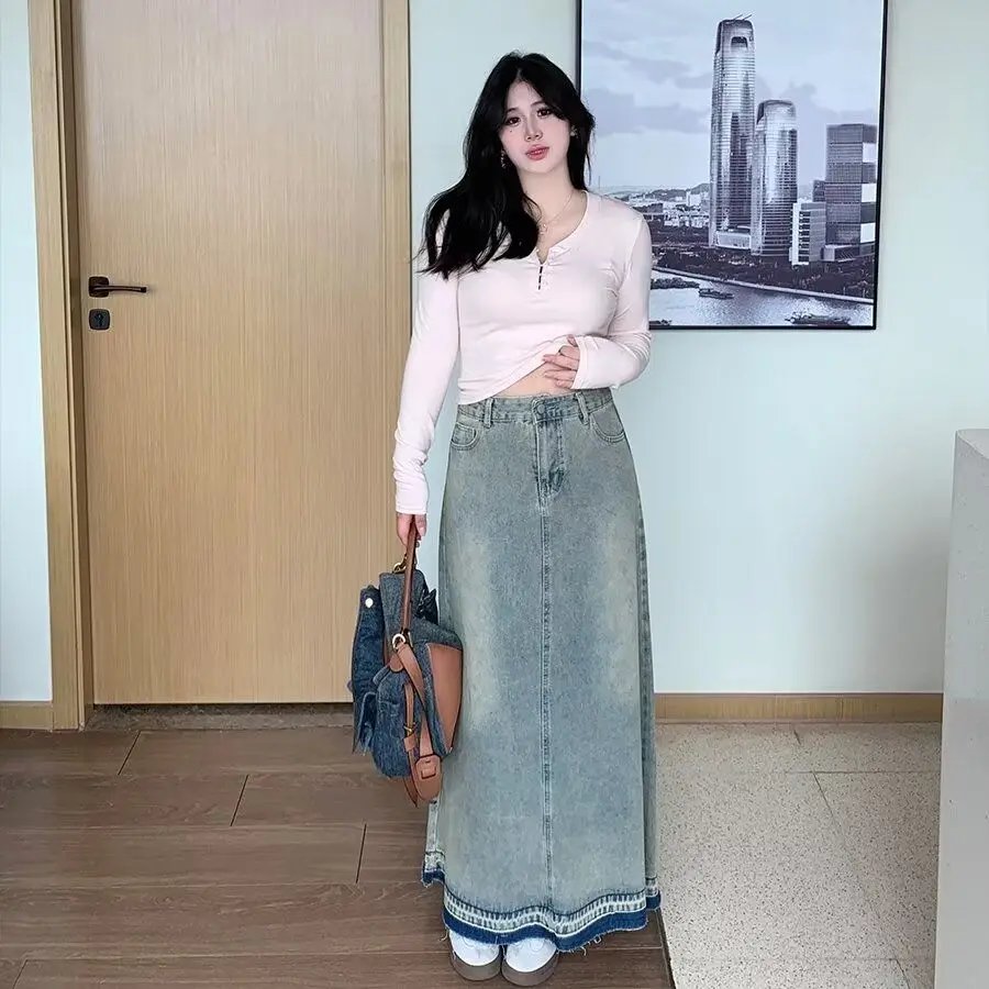 

High Waist Denim Skirt Women's Vintage Frayed Ba Split Mid-Length Slimming Splicing Versatile Long Skirts Trendy
