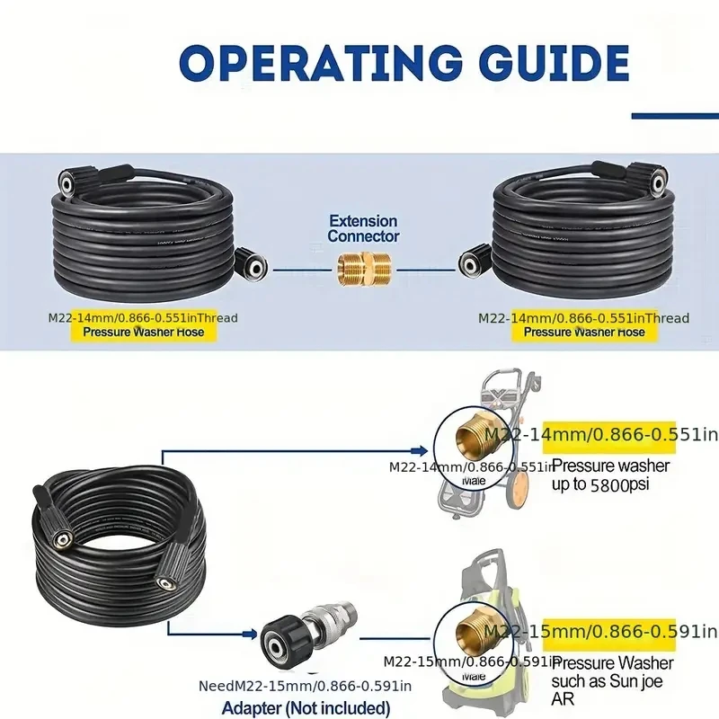 High Pressure Washer Hose 5800 PSI M22-14mm Durable Extension Tube for Efficient Cleaning, 236.22inch/314.96inch/393.7inch/590.5