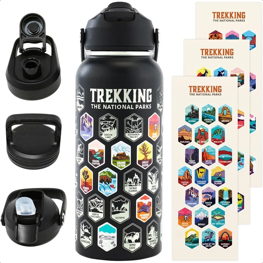 

Бутылка для воды Trekking The National Parks с 6 водонепроницаемыми наклейками, 3 крышками, соломенный носик, нагрудник 32 унции, изолированное пятно с широким горлышком