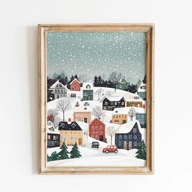 Winterdorf-Gemälde, Weihnachtsdorf-Winterszenen-Druck, Winterdorf-Kunst, Winterlandschaftskunst, Winterszenen