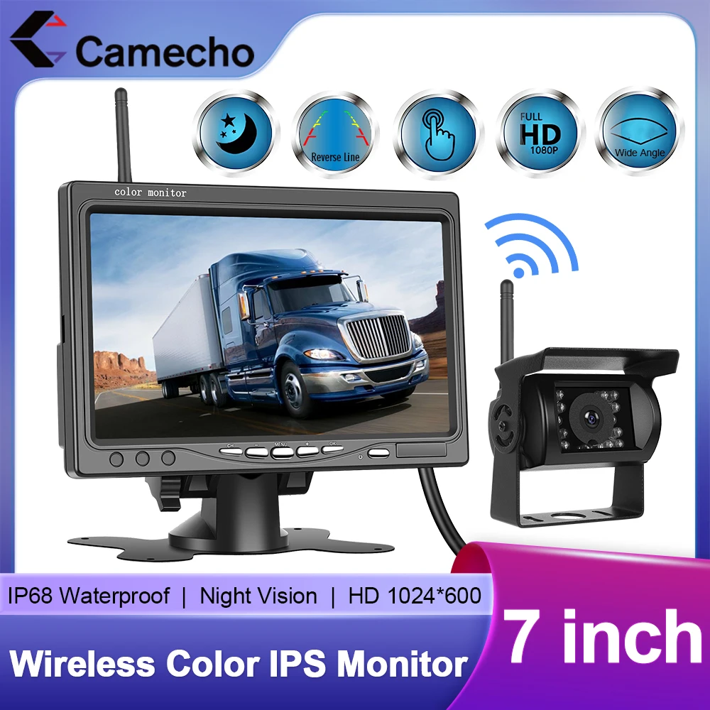 Camecho 7 IPS Monitor per auto Telecamera retrovisiva wireless Visione notturna Backup Parcheggio Vista posteriore Telecamera posteriore AHD per rimorchio camion camper