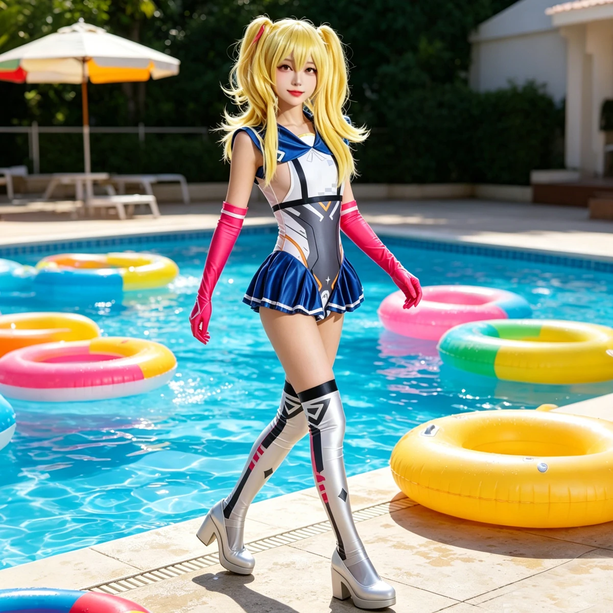 Women Sexy Three Piece Bathing Sets Glossy Stretch Sleeveless High Cut Quick-dry Swimwear Gloves Stocking Cosplay Clubwear Party