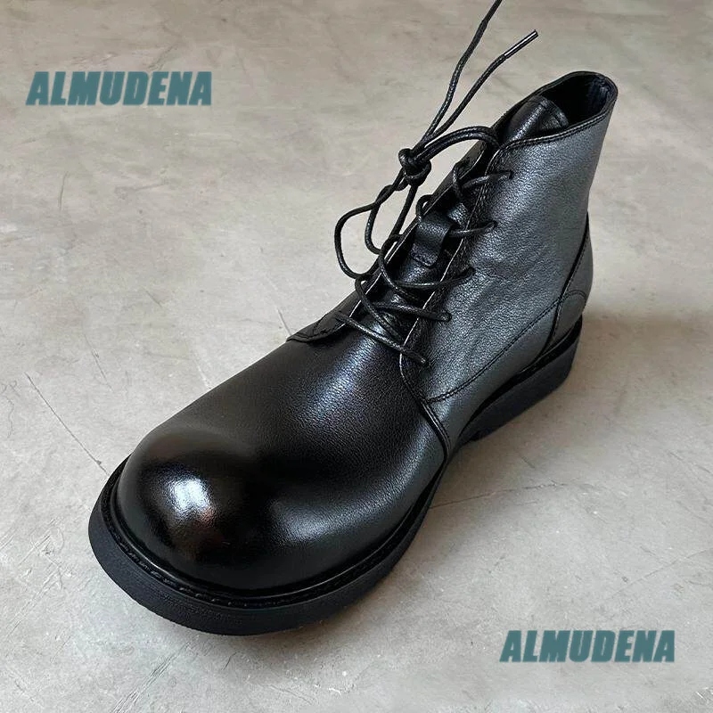 Men's Round Toe Ankle Boots Lace Up Soft Leather Chunky Flat Casual Boots New In Autumn Stylish Men's Boots