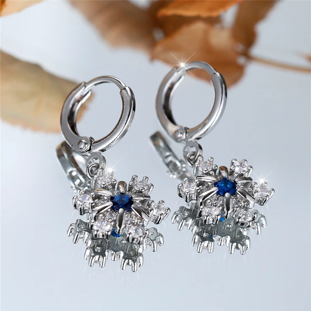 Cute Female White Blue Zircon Stone Snowflake Hoop Earrings Fashion Female Silver Color Wedding Jewelry For Women