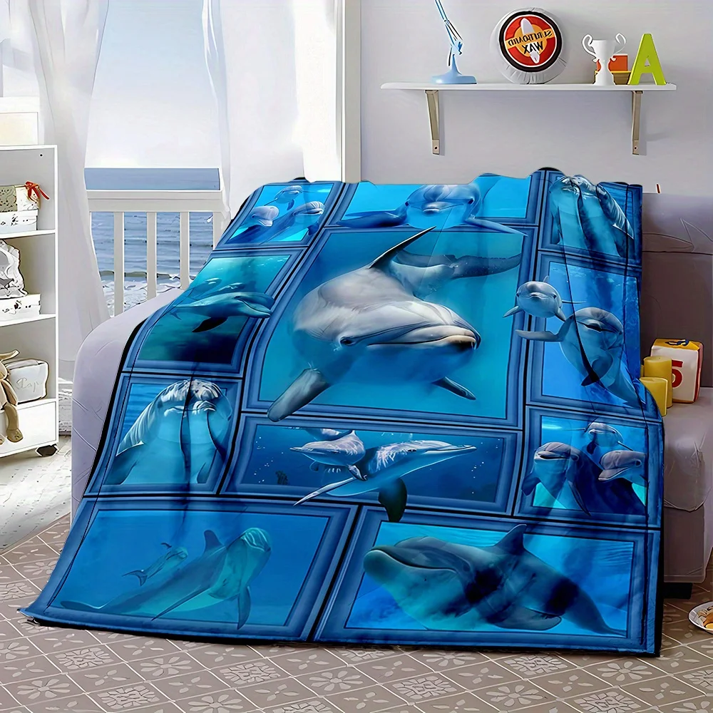 Adorable Undersea Parent-Child Dolphin Checkered Blanket, All-Season Warm and Cool Blanket