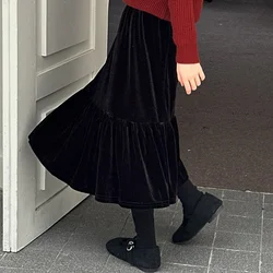 Teen Girls Velvet Skirt Autumn Winter Ruffle Black Brown Elastic Waist Kids Long Skirt Fashion Daily Casual Costumes 10 12 Years