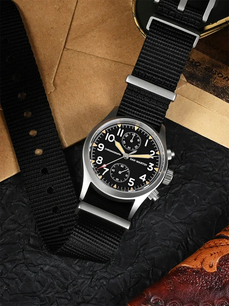 San Martin New 37mm Pilot Watch Chronograph Vintage Military Mens Watches VH61 Quartz Wristwatch Sapphire Nylon Strap 10 ATM