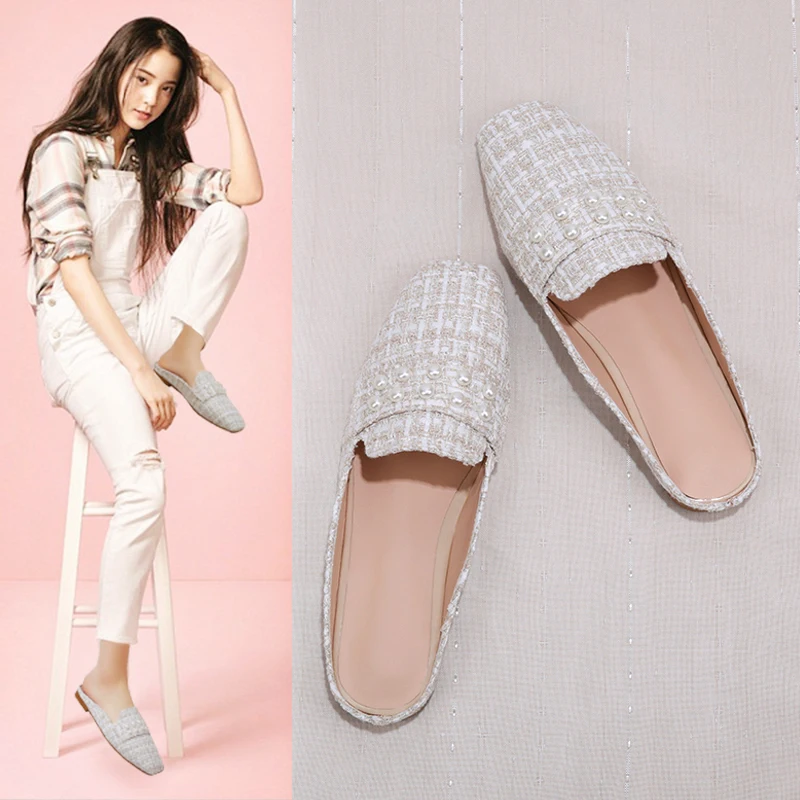 Baotou slippers spring and summer new female drag large size Korean version bow pearl low heel half drag