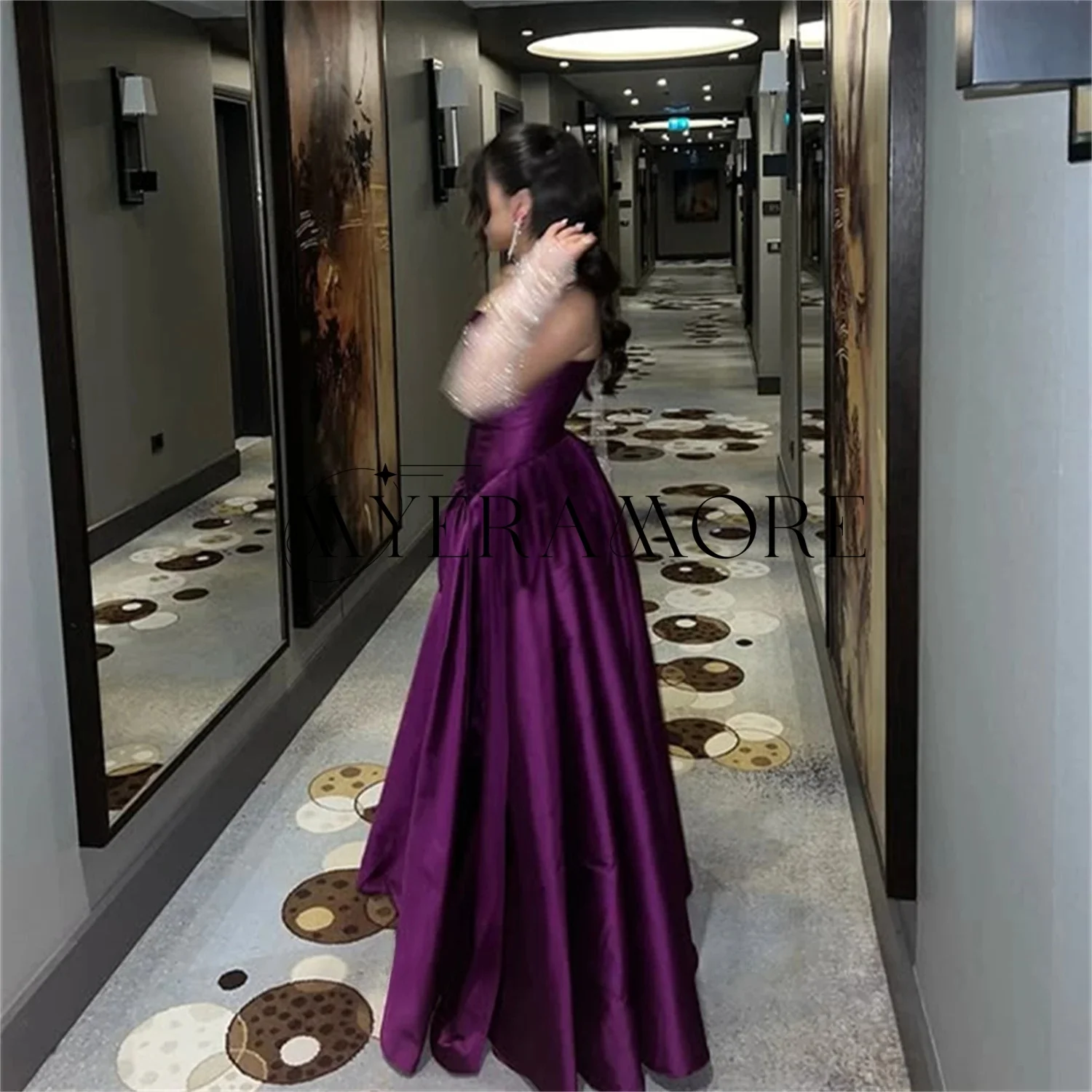 فساتين سهرة بسيطة بدون حمالات أرجواني على شكل حرف a دانتيل قابل للانفصال كم طويل فتحة جانبية فساتين حفلات مخصصة رداء السهرة