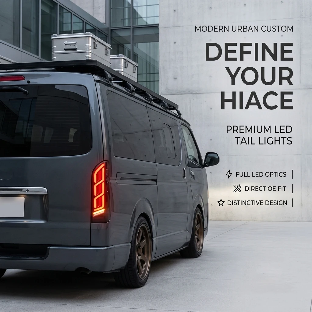 HCMOTIONZ for Toyota Hiace 2005-2018 5th Gen LED Tail Lights Sequential Turn Signal Startup Animation DRL Smoke Red Pair