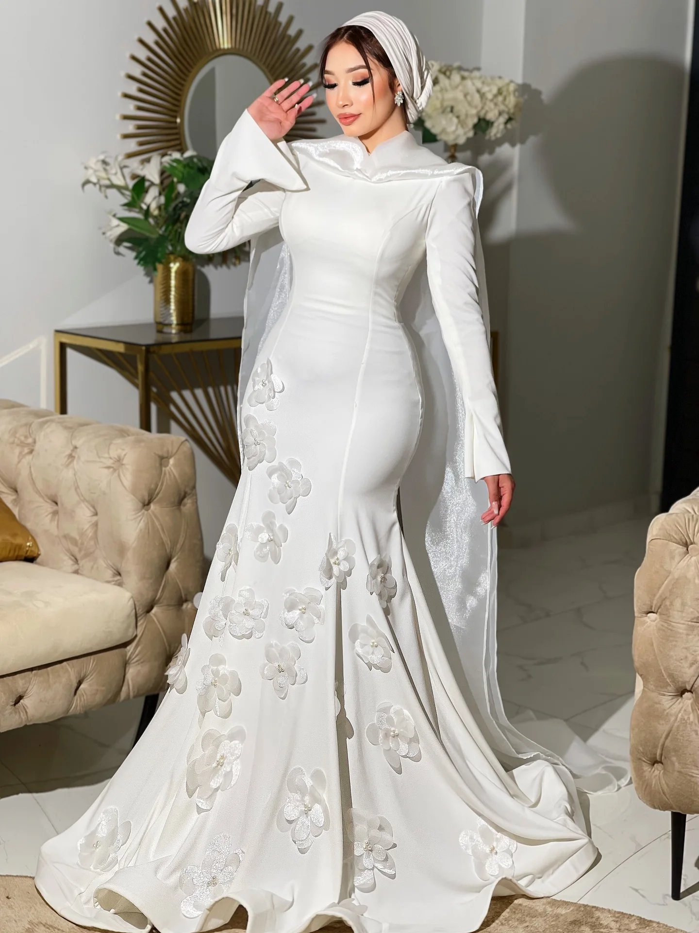 Customized Handmade Flower Hijab Wedding Dress O Neck Long Sleeve Mermaid Muslim Bridal Gown White Satin Abiye Formal Dresses