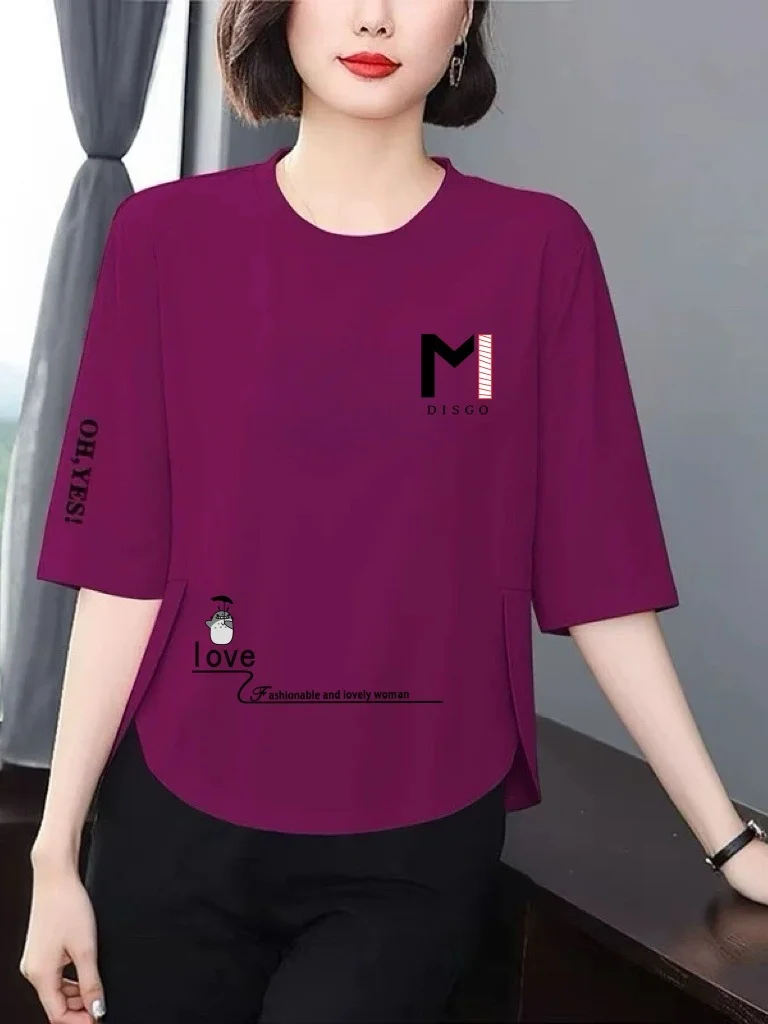 

Casual Loose Women's T-Shirt round Neck Seven Sleeve Breathable Polyester Fiber Print Design Slimming Flattering for Middle-Aged