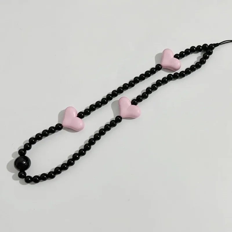 1PC Korean Black Heart Phone Charm Straps Acrylic Beaded Cell Phone Chains Handy Wristlet String Lanyard Jewelry Accessories