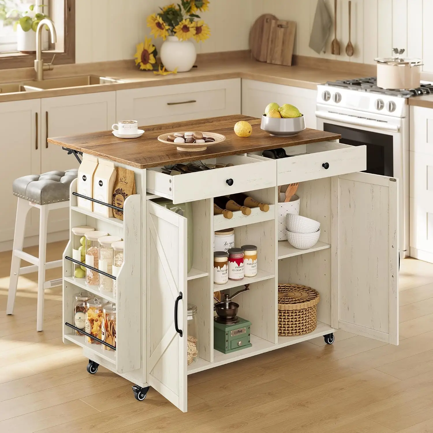 Mobile Kitchen Island with Drop Leaf, Portable Island with Spice Rack, Mobile Cart with Storage Cabinet, 17.7-28.7 x 49.3 x 36 I