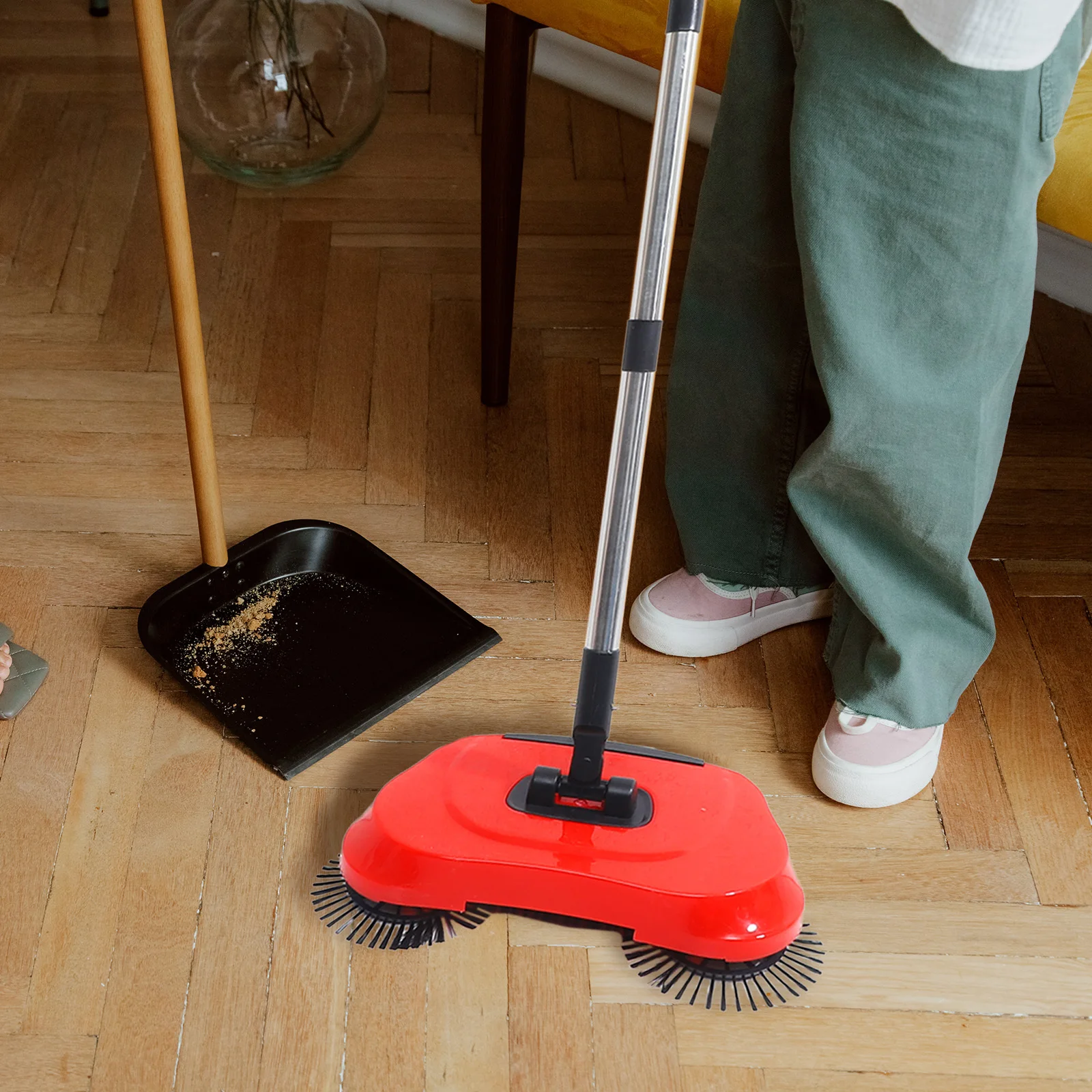 

Hand Push Sweeper Multi Functional Broom Dustpan Trashbin Floor Cleaner Hard Flat Surface Compatible Wooden Plastic Marble Tile