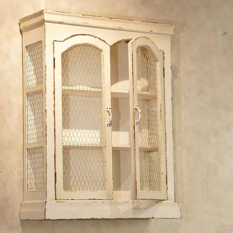Vintage Wall Cabinet, White Distressed Wood, Chicken Wire Mesh Doors, French Country Style, Decorative Wall Storage Display