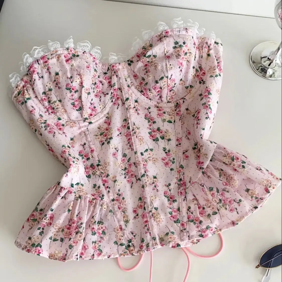 

Floral Lace Up Corset Top Ruffled Edge Slimming Fishbone Camisole Strapless Tank Tops Y2k Clothes Sexy Women Corsets Vest Summer