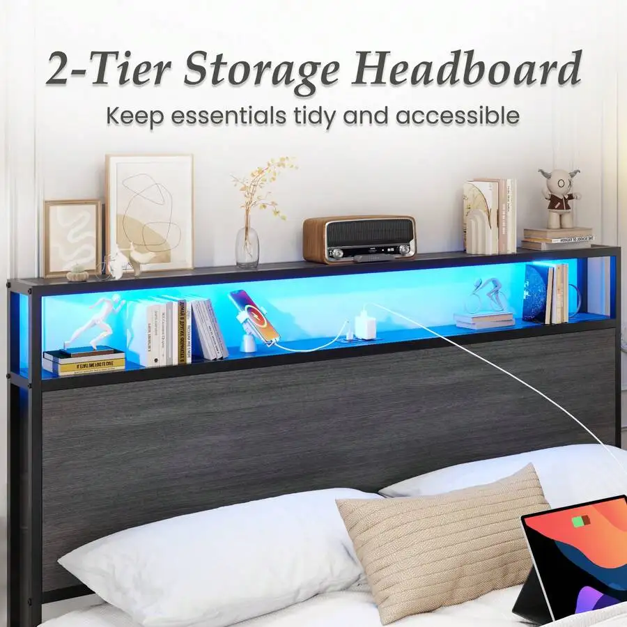 Queen & Full Bed Frame With Storage, 2-Tier Storage Headboard & Built-In Drawers, Metal Platform Bed With USB Charging Station & LED Lights, Noise Free, No Box Spring Needed, Easy Assembly,Rustic Grey - view 6