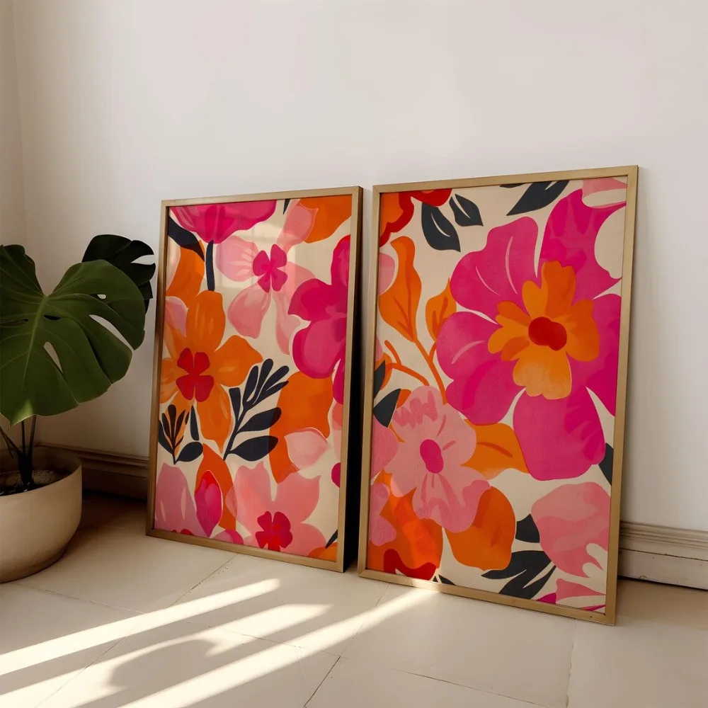 2PCS Large-sized frameless canvas paintings,2D Flat,Retro Poster,Pink Orange Abstract Floral Artwork,Flower Market Printing,Bohe