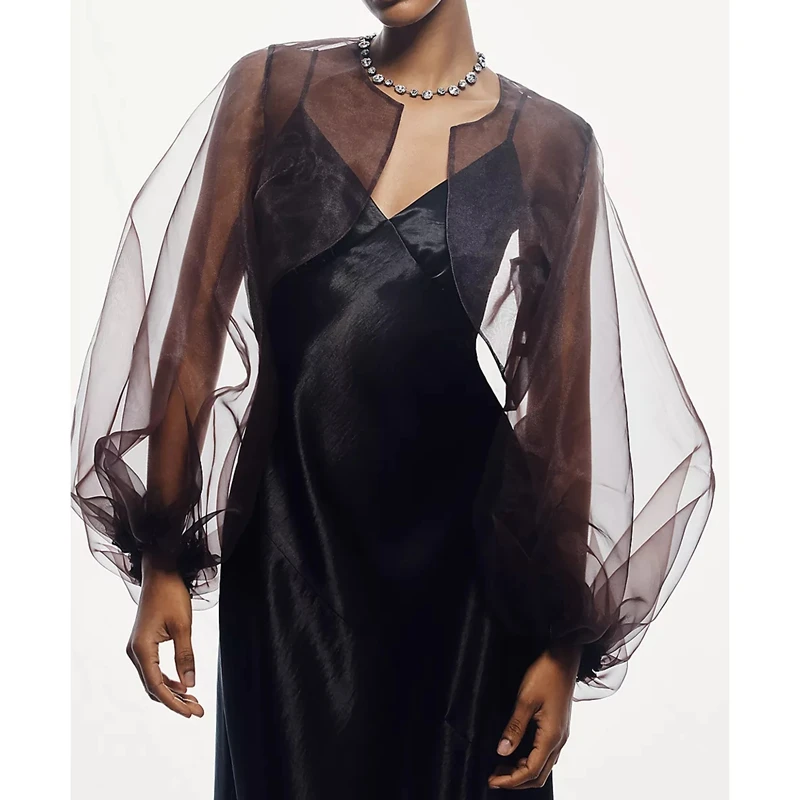 

Women's Sheer Mesh Y2k Shrug Organza See Through Bolero Cardigan Crop Puff Long Sleeve Open Front Shawl Cape Shoulder Cover-ups