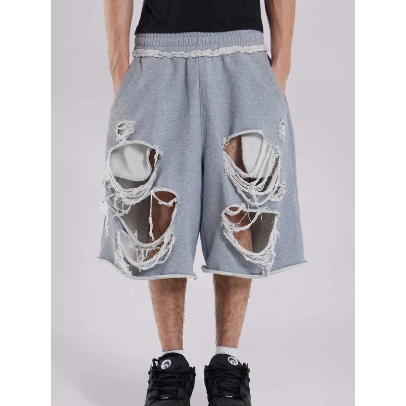 BKQU Gray Holes Baggy Shorts Women Casual High WaIst Pocket Wide Leg Sweatpants Hip Hop Streetwear Boyfriend Style Jogging Pants