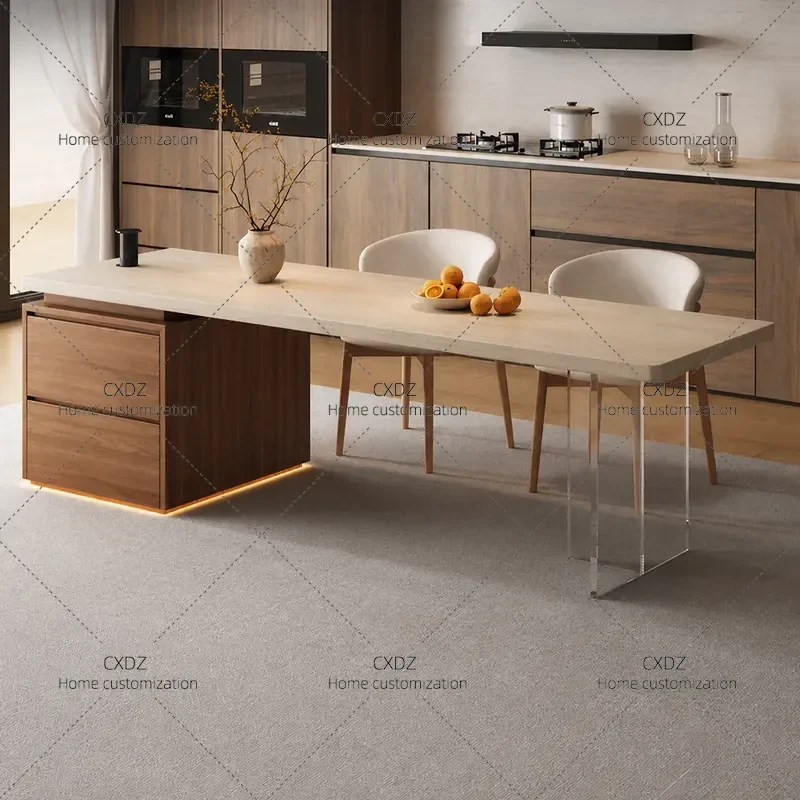 2026 New Qiping Island Integrated Dining Table Small Apartment Solid Wood Walnut Travertine Rock Slab Multi Functional Locker