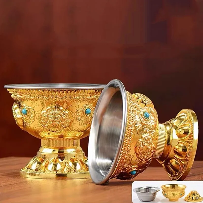 Auspicious Gilt Drinking Buddha Bowl, Inlaid Gem Zinc Alloy Holy Water Cup Buddhist Bowl Home's Gift Collection Decorative 150ml