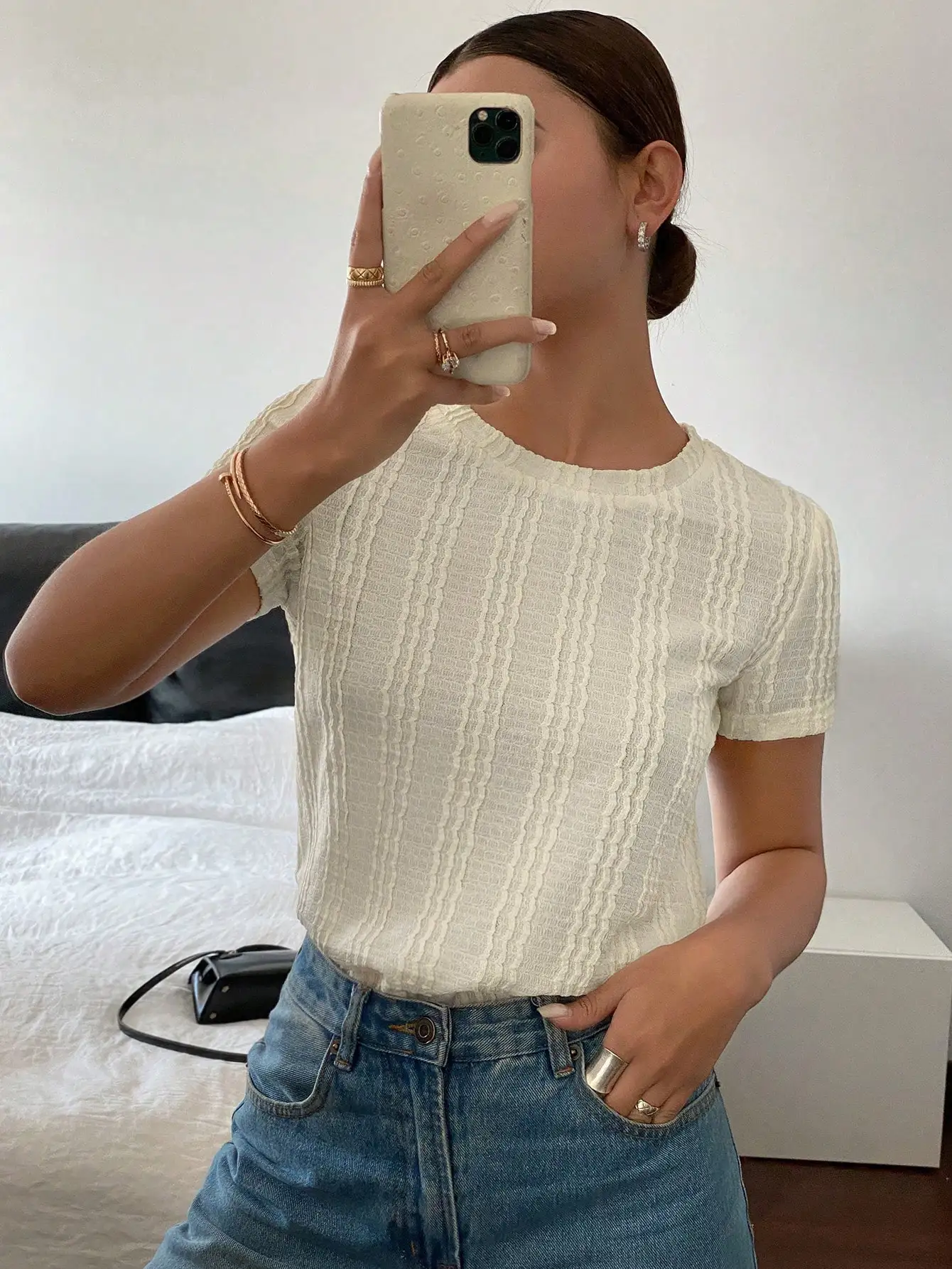 

Cream Textured Ribbed Short Sleeve Round Neck Top for Women Summer Casual Wear