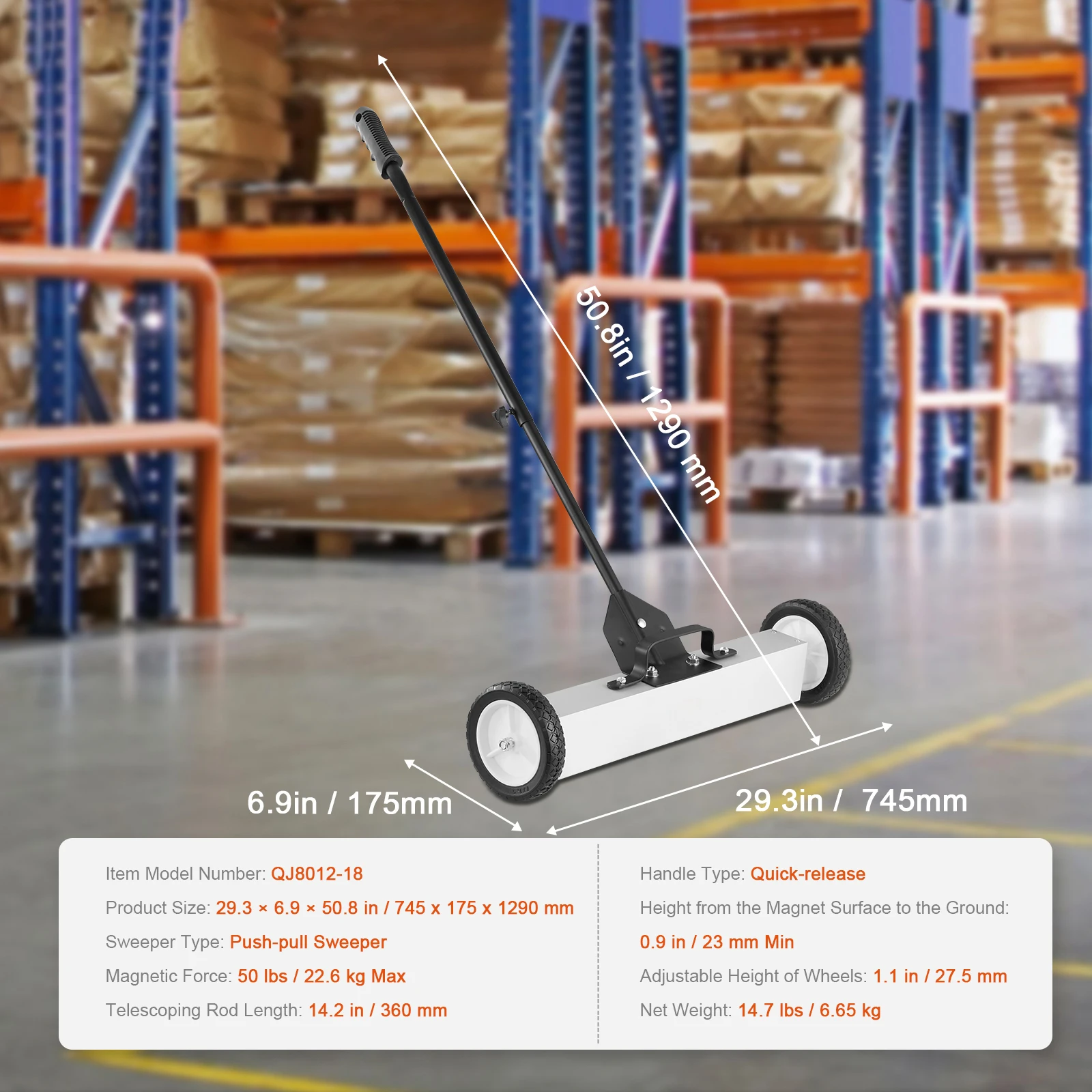 50Lbs Rolling Magnetic Sweeper With Wheels, Push-Type Magnetic Pick Up Sweeper, 24-inch Large Magnet Pickup Lawn Sweeper