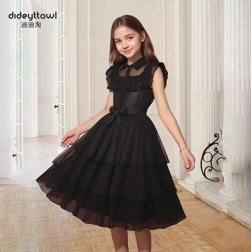 

Dideyttawl Customized Black Tulle Ruffle Collar Sleeveless Bowknot Tiered Midi Length Elegant Girl Prom Dress Simple Party Gown
