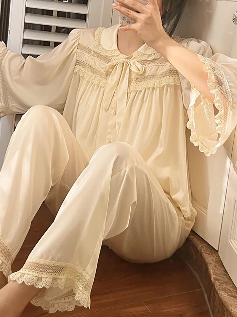 Women Spring Autumn Vintage Victorian Nightgowns Sweet Silk Lace Camisola Cardigan Pants Three Piece Suit Princess Loungewear